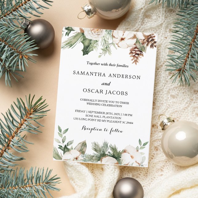 Invitation Aquarelle Arbre de pin vert d'hiver et fleurs blan (Créateur téléchargé)