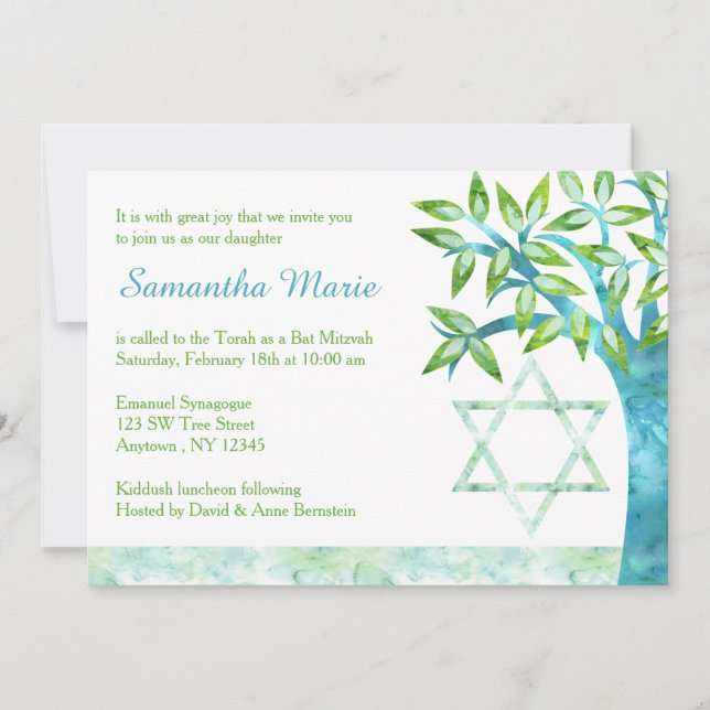 Invitation Aquarelle Arbre de vie Bat mitzvah vert Turquoise (Devant)
