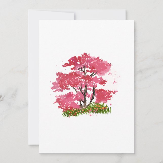 Invitation Aquarelle Arbre en fleurs rose peint à la main (Devant)