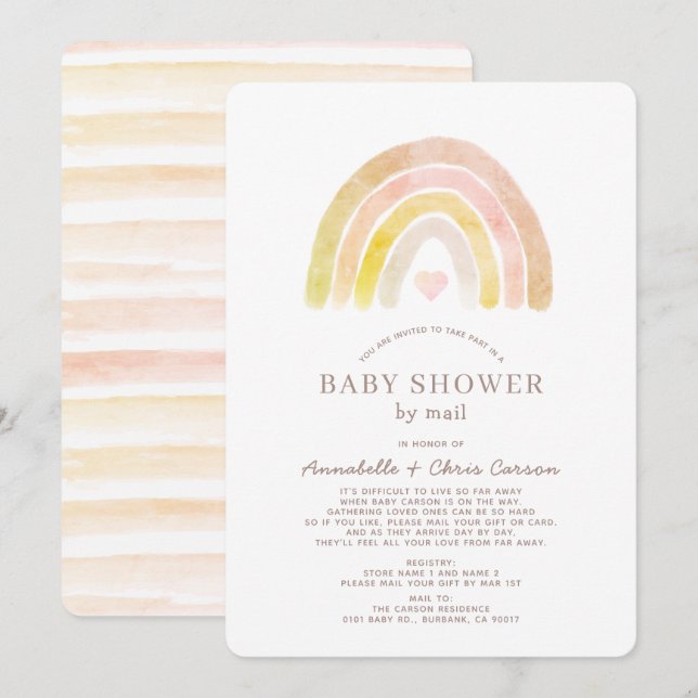 Invitation Aquarelle arc-en-ciel bleu Baby shower rose par co (Devant / Derrière)