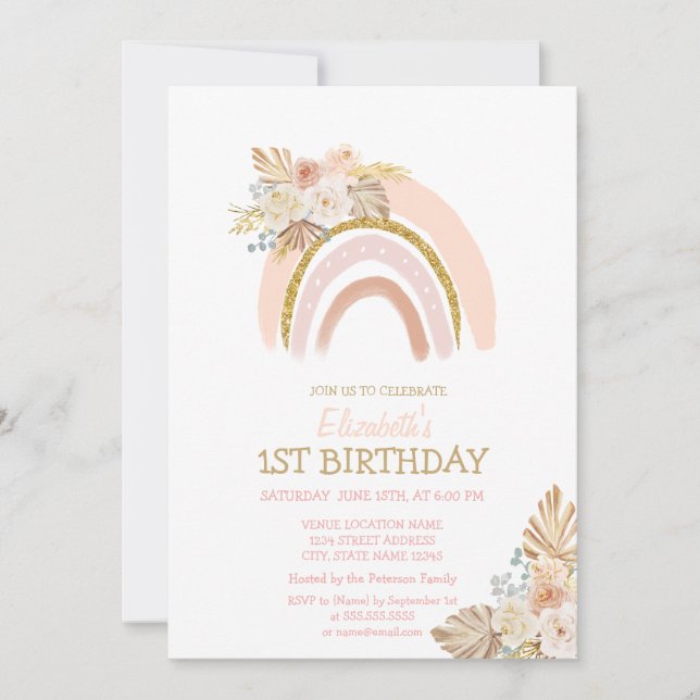 Invitation Aquarelle Arc-en-ciel Fleurs Boho rayées Anniversa (Devant)