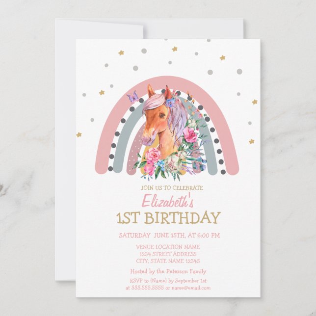 Invitation Aquarelle Arc-en-ciel Fleurs de pivoine Anniversai (Devant)