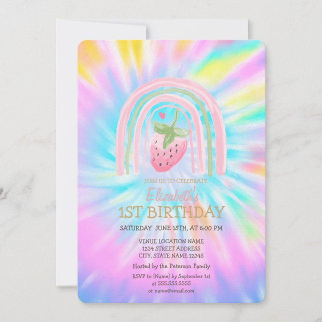 Invitation Aquarelle Arc-en-ciel Fraise Tie Dye Anniversaire (Devant)