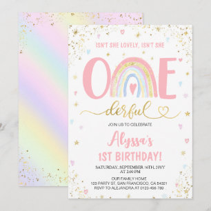 Invitation Aquarelle arc-en-ciel pastel fille 1er fête d'anni