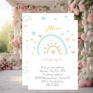 Invitation Aquarelle arc-en-ciel rose bleu 1er anniversaire
