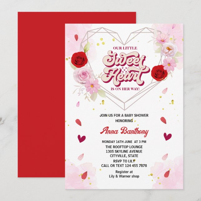 Invitation aquarelle arc floral coeur rose rouge baby shower (Devant / Derrière)