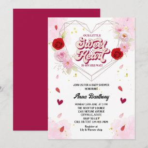 Invitation aquarelle arc floral coeur rose rouge baby shower