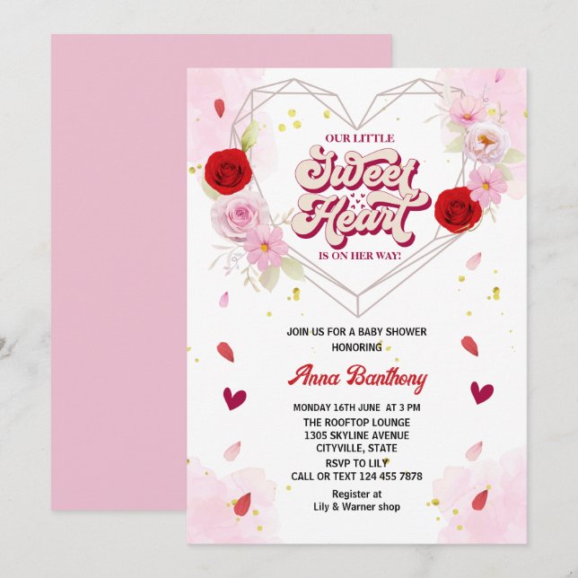 Invitation aquarelle arc floral coeur rose rouge baby shower (Devant / Derrière)