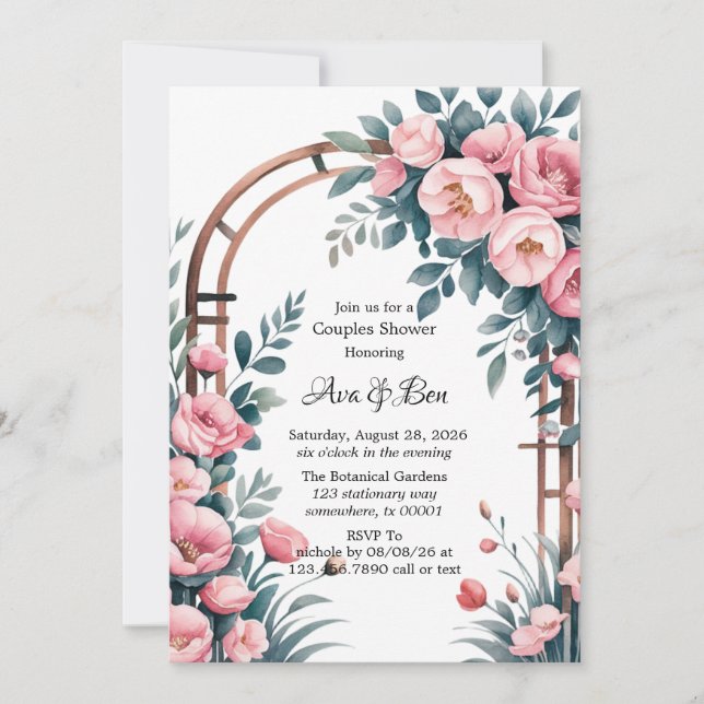 Invitation Aquarelle Arch rose & Bleu Fleurs Couples Douche (Devant)