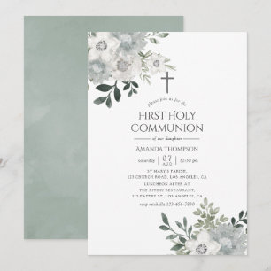 Invitation Aquarelle Argent Sage Floral First Holy Communion