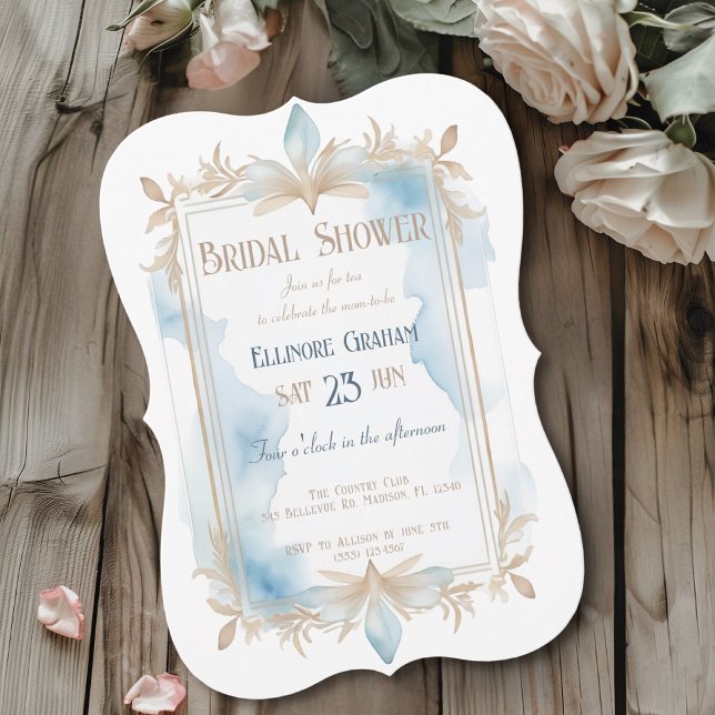 Invitation Aquarelle Art déco bleu taupe douche nuptiale (Créateur téléchargé)