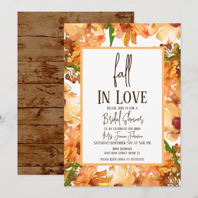 Invitation Aquarelle Automne automne Amour Fête des mariées d (Devant / Derrière)