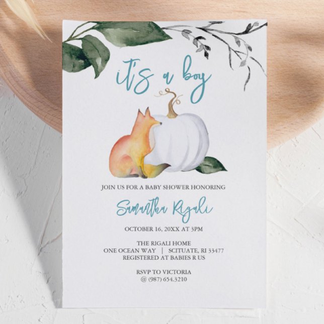 Invitation Aquarelle Automne Bois Baby Boy Douche (Autumn-themed baby shower invites woodland fox and white pumpkin boy Design by Victoria Grigaliunas)