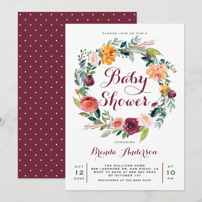 Invitation Aquarelle Automne Floral Baby shower de couronne (Devant / Derrière)