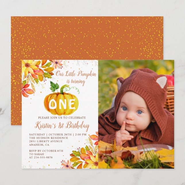 Invitation Aquarelle Automne Floral Citrouille Anniversaire P (Devant / Derrière)