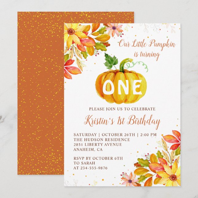 Invitation Aquarelle Automne Floral Citrouille Automne Annive (Devant / Derrière)