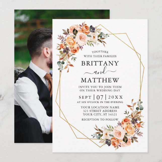 Invitation Aquarelle Automne Floral Geo Frame Photo Mariage (Devant / Derrière)