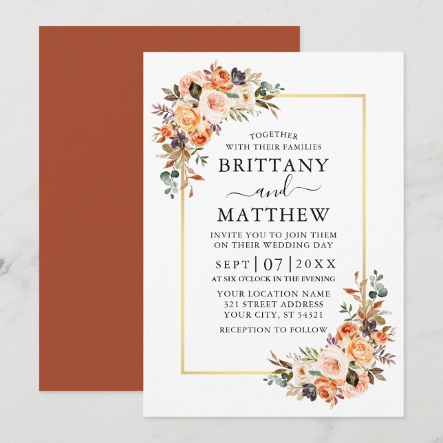 Invitation Aquarelle Automne Floral Mariage Or Terracotta (Devant / Derrière)