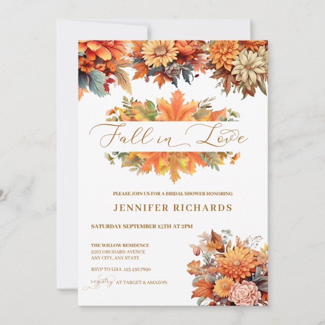 Invitation Aquarelle Automne Floral | Tomber amoureux (Devant)