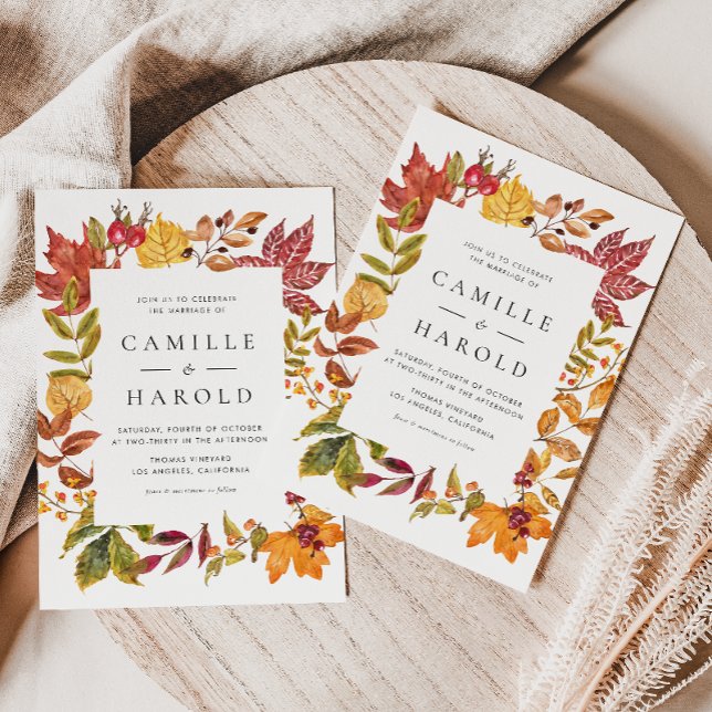 Invitation Aquarelle Automne laisse cadre QR Code Mariage (Customizable Autumn QR Code Wedding Invitation with Watercolor Fall Foliage Frame)