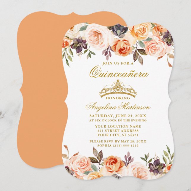 Invitation Aquarelle Automne Pêche Florale Or Quinceanera (Devant / Derrière)