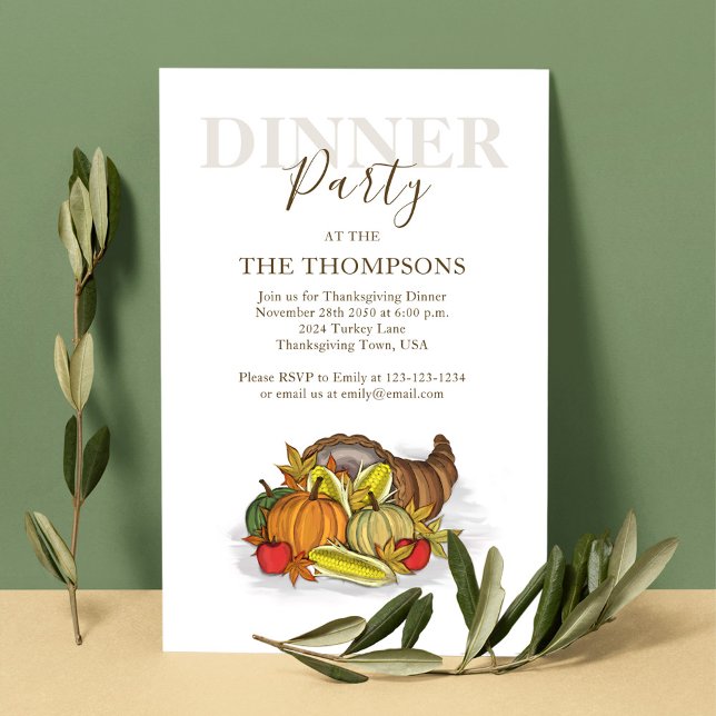 Invitation Aquarelle automne Thanksgiving Cornucopia (Thanksgiving cornucopia invitation with watercolor turkey and fall foliage. )