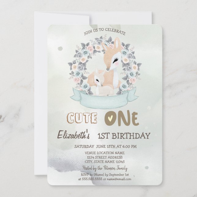 Invitation Aquarelle Baby Deer Flower Rose Vert 1er (Devant)