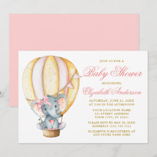 Invitation Aquarelle Baby shower à ballon d'air Elephant Bow
