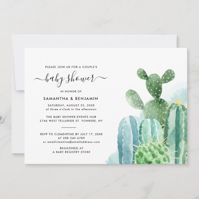 Invitation Aquarelle Baby shower Cactus Couples (Devant)
