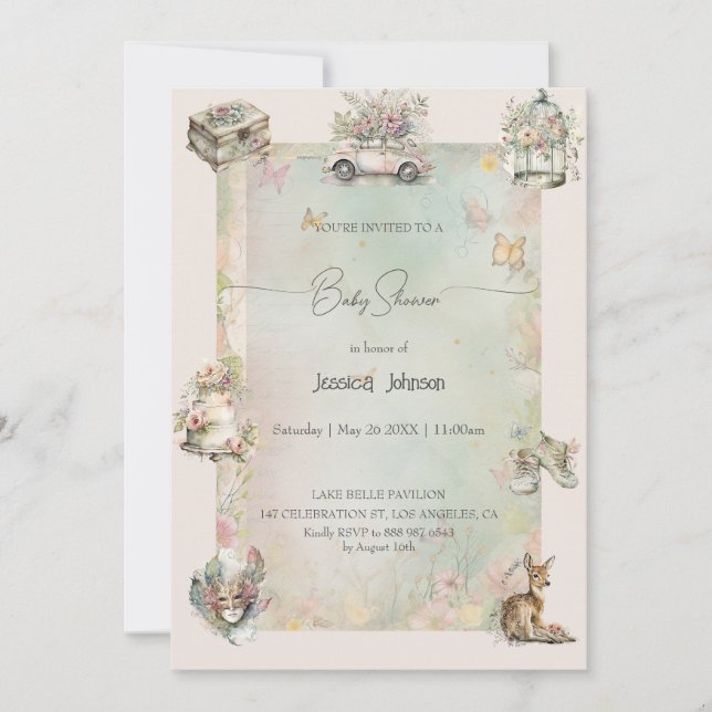 Invitation Aquarelle Baby shower Chic Shabby (Devant)
