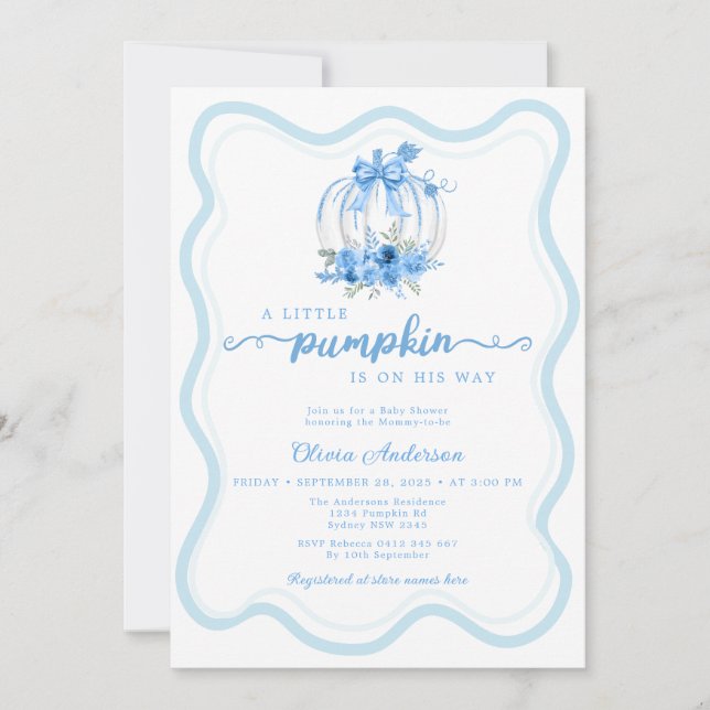 Invitation Aquarelle Baby shower Citrouille Blue Little Bow (Devant)