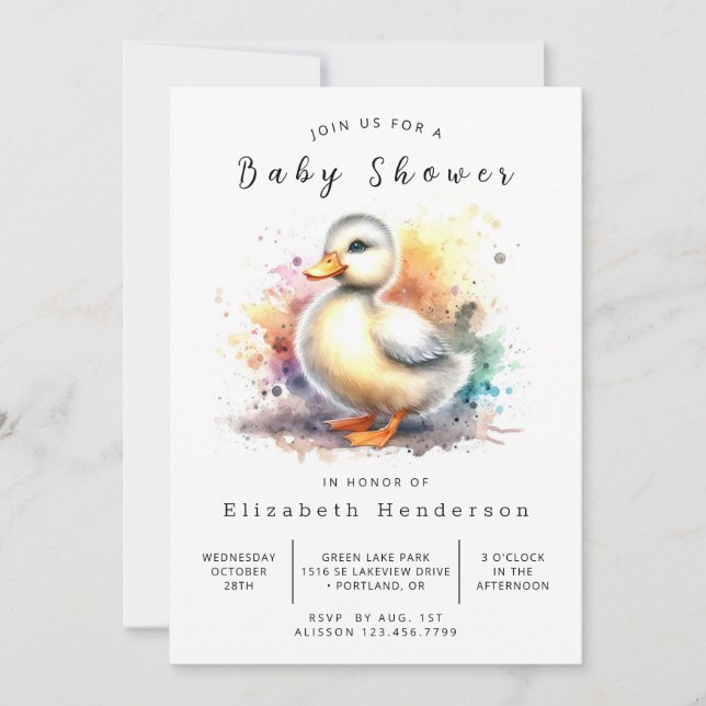 Invitation Aquarelle Baby shower de canard personnalisé (Devant)