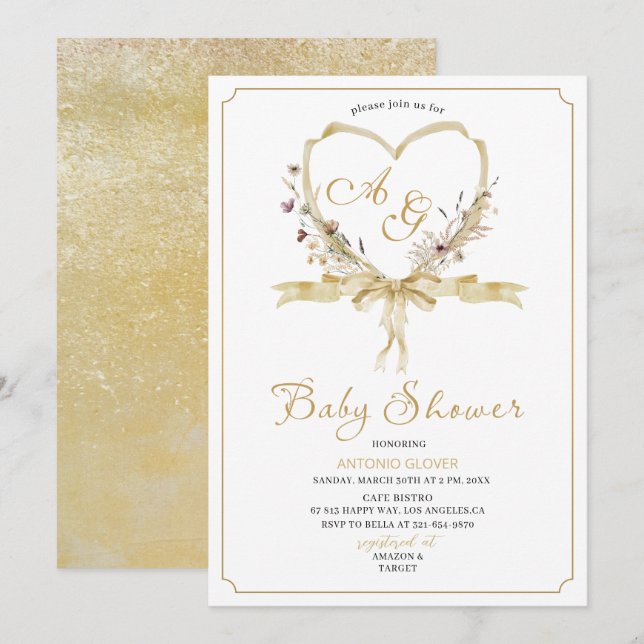 Invitation Aquarelle baby shower de crêtes dorées (Devant / Derrière)