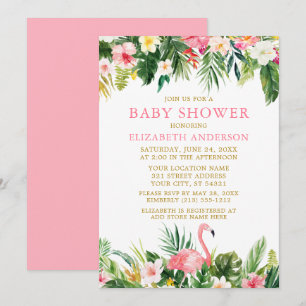 Invitation Aquarelle Baby shower de Flamant rose floral tropi