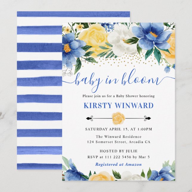 Invitation Aquarelle Baby shower de fleurs bleu et jaune (Devant / Derrière)
