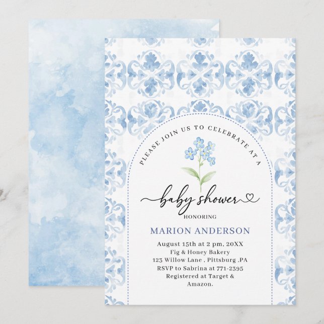 Invitation Aquarelle Baby shower de fleurs bleues (Devant / Derrière)