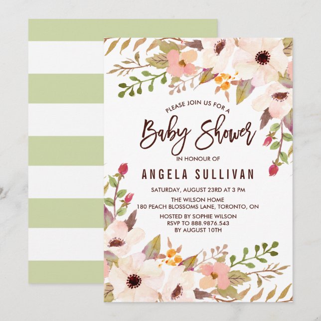 Invitation Aquarelle Baby shower de fleurs de Bohême (Devant / Derrière)