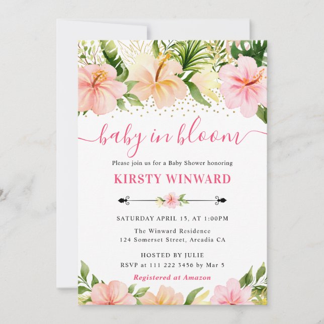 Invitation Aquarelle Baby shower de fleurs rose tropicale (Devant)