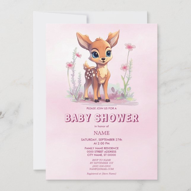 Invitation Aquarelle Baby shower de fleurs roses de cerfs (Devant)