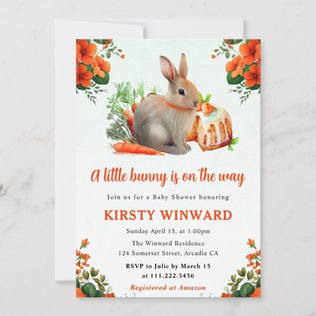 Invitation Aquarelle Baby shower de lapin et carottes florale (Devant)