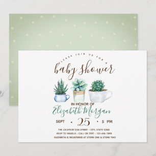 Invitation Aquarelle Baby shower de points de cactus succulen