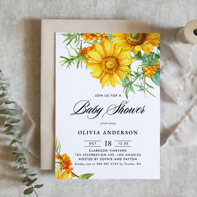 Invitation Aquarelle Baby shower de tournesol et d'épine de m (Botanical baby shower invitation featuring illustrations of yellow sunflower and sea buckthorn.)