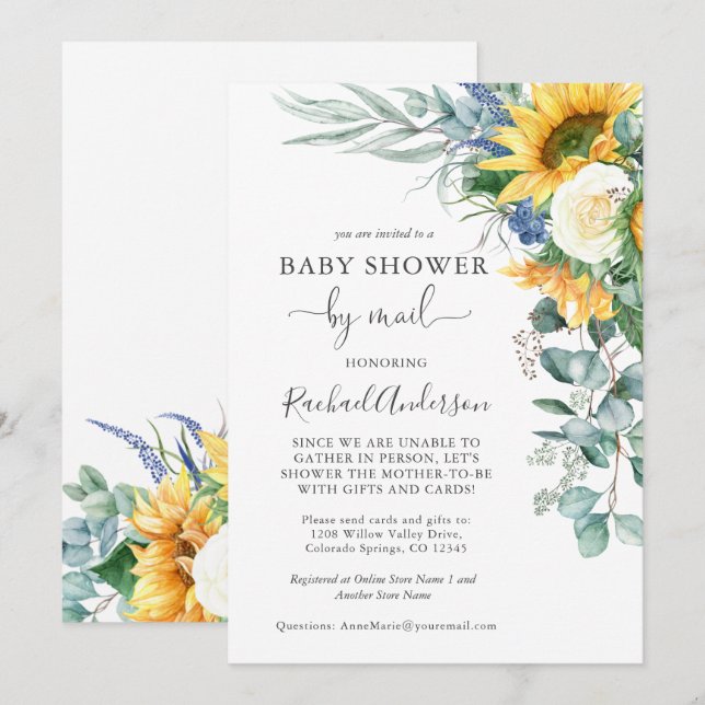 Invitation Aquarelle Baby shower de tournesols par courrier (Devant / Derrière)