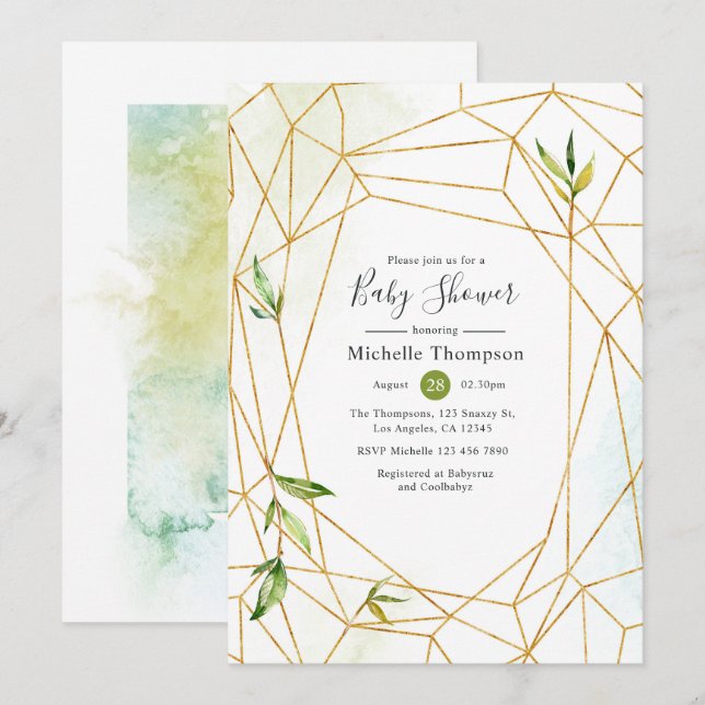 Invitation Aquarelle Baby shower de verdure géométrique crist (Devant / Derrière)