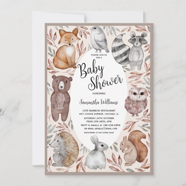 Invitation Aquarelle Baby shower des animaux de bois (Devant)