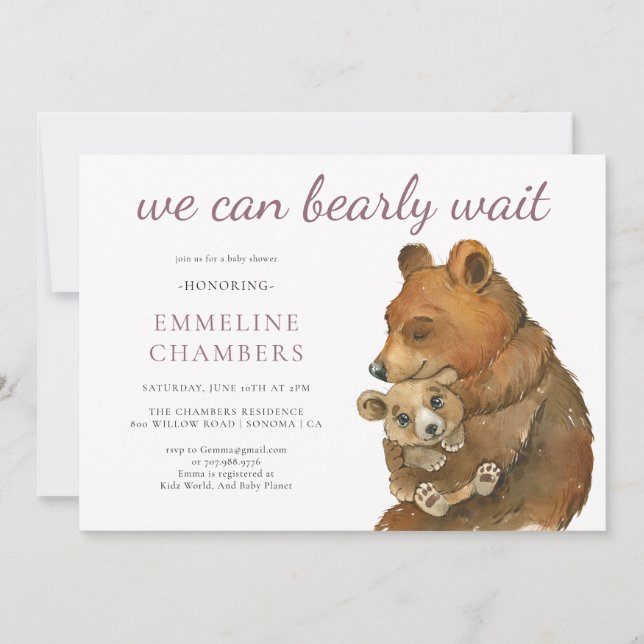 Invitation Aquarelle Baby shower des ours de bois (Devant)