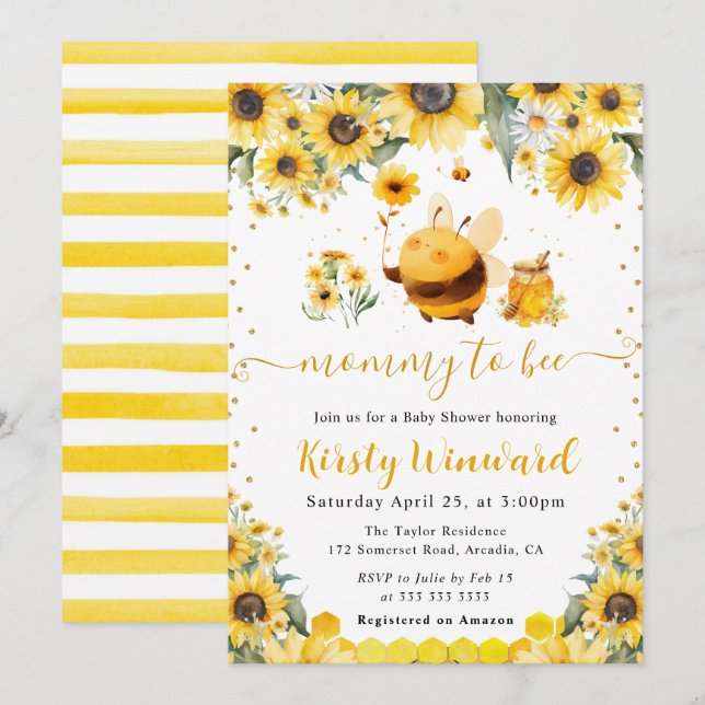 Invitation Aquarelle Baby shower d'été de l'abeille et des to (Devant / Derrière)