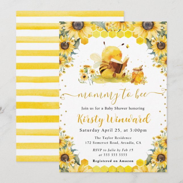 Invitation Aquarelle Baby shower d'été de l'abeille et des to (Devant / Derrière)