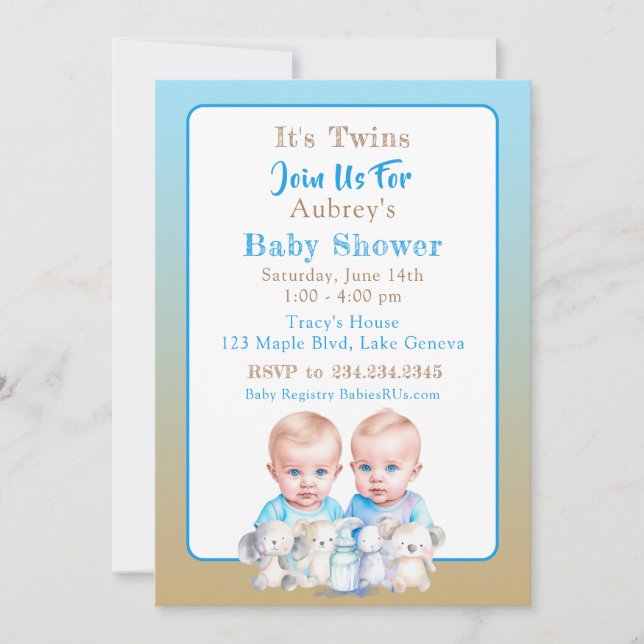 Invitation Aquarelle Baby shower du garçon Twin Animaux (Devant)