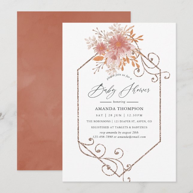 Invitation Aquarelle Baby shower en terre cuite géométrique (Devant / Derrière)